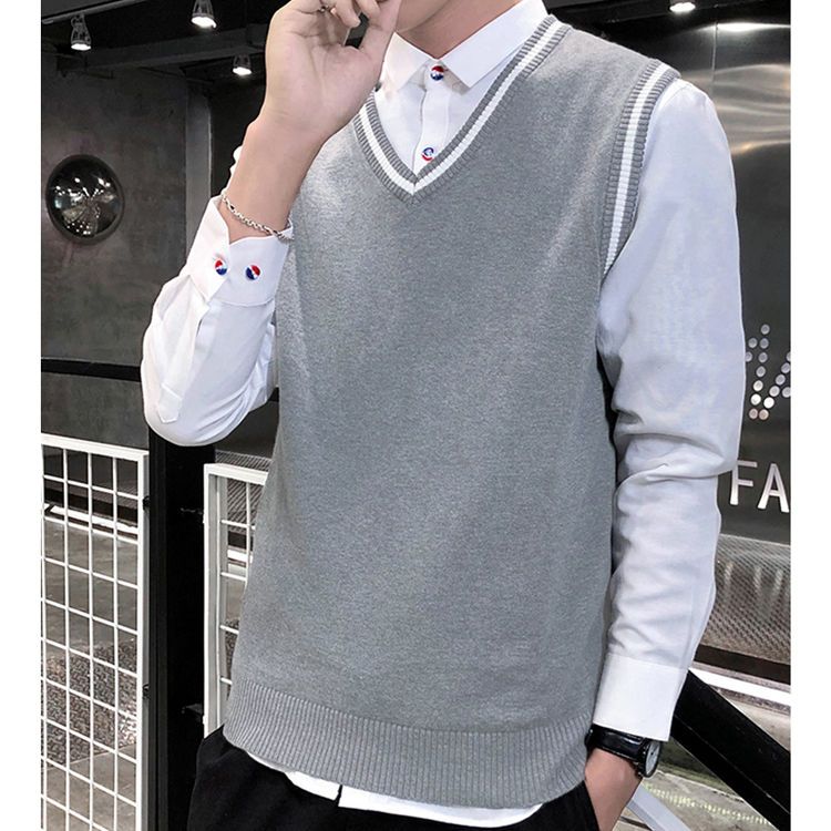 Autumn Pure Cotton Men's Sweater Vest Korean Style Slim Sleeveless Vest Knitted Sweater College Wind Trend Fashion Men's Wear