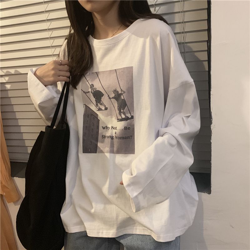 Hong Kong style long-sleeved T-shirt for women autumn and winter 2023 Korean version Harajuku versatile student loose lazy style top