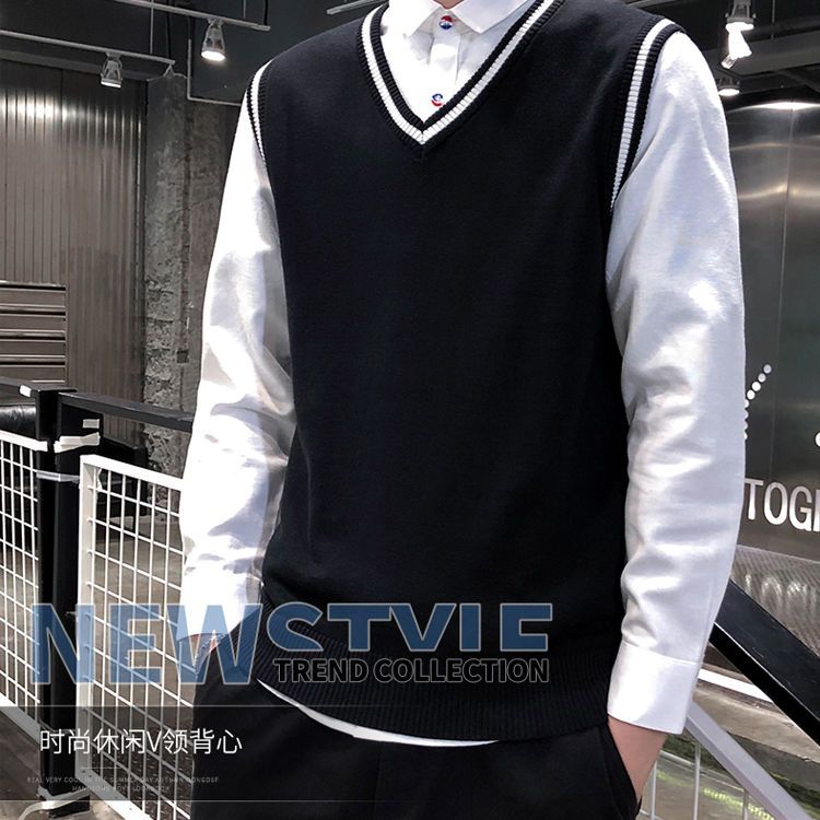 Autumn Pure Cotton Men's Sweater Vest Korean Style Slim Sleeveless Vest Knitted Sweater College Wind Trend Fashion Men's Wear