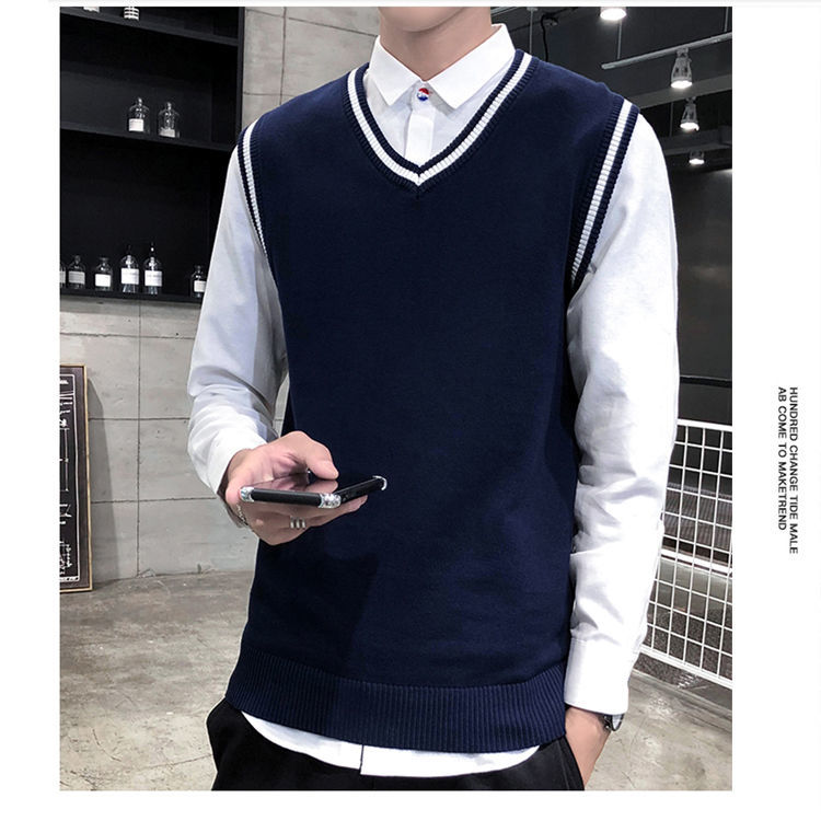 Autumn Pure Cotton Men's Sweater Vest Korean Style Slim Sleeveless Vest Knitted Sweater College Wind Trend Fashion Men's Wear