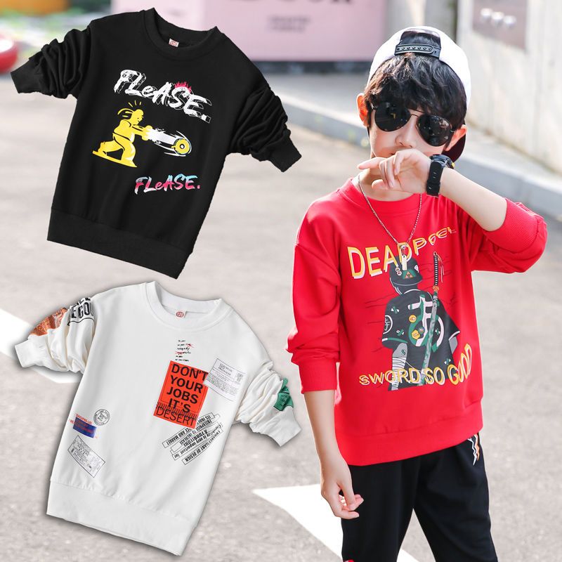 95% cotton boys long-sleeved t-shirt autumn tops  children's bottoming shirt, medium and large children's fleece sweatshirt, loose and trendy style