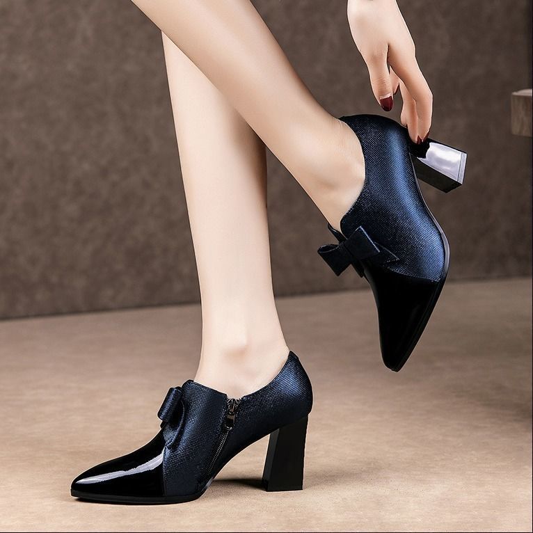 5cm deep mouth high heels women's spring and autumn new fashion bows versatile temperament pointed thick heel single shoes women