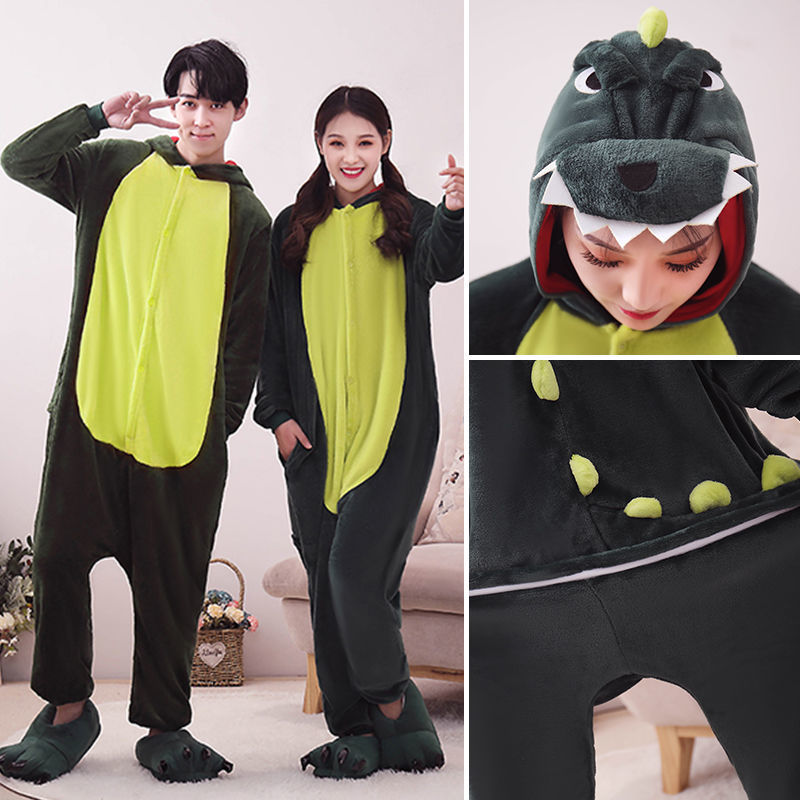 Flannel middle school student pajamas female winter cute Pikachu dinosaur pajamas conjoined couple home wear men's long sleeves