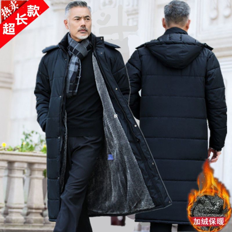 Middle aged and elderly winter Plush over knee cotton coat men's large and long style father's cotton padded jacket outdoor warm coat