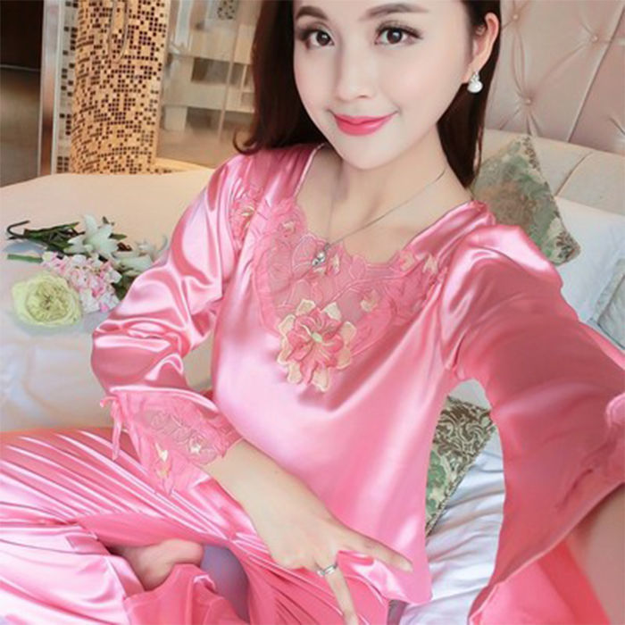 韩版冰丝睡衣女夏季女式蕾丝性感仿真丝大码套装家居服女可外穿秋