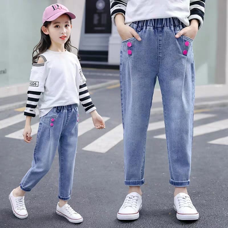 2020 new girls' spring and autumn jeans middle and large children's casual loose Korean children's pants and little girls' long pants