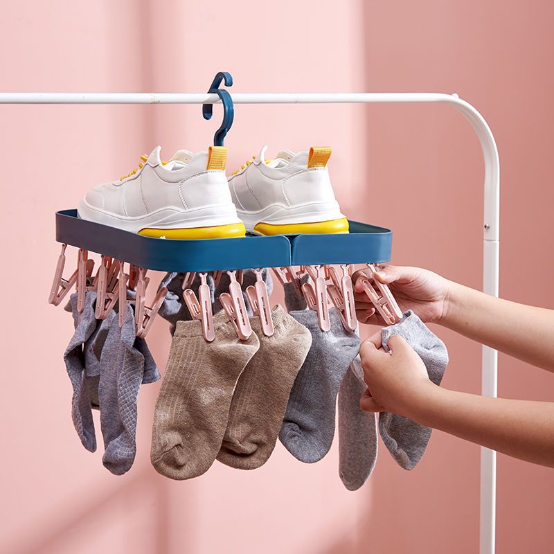Household multi-functional folding and drying clothes hanging multi clip sock rack hanging clothes support wind proof and antiskid inner coat rack for children storage