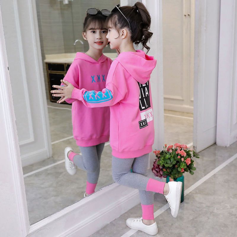 Girl's autumn new style suit fashionable western fashion Zhongda children's Korean net red long sleeve sweater hooded casual two piece set