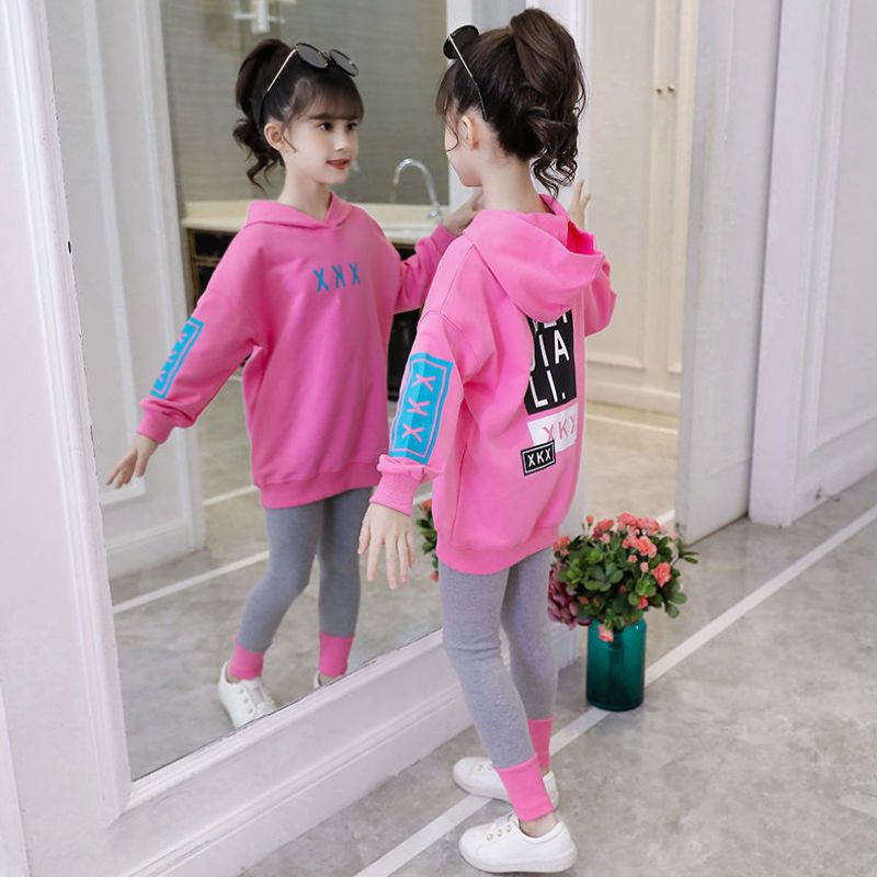 Girl's autumn new style suit fashionable western fashion Zhongda children's Korean net red long sleeve sweater hooded casual two piece set