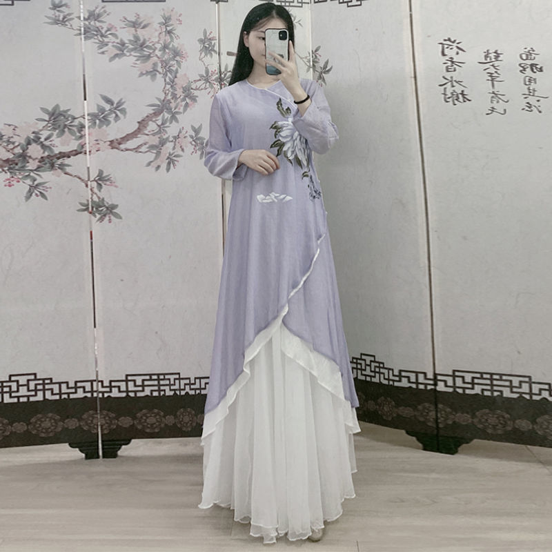 2020春秋中国风女装茶服人服禅意长衫手绘禅服中式连衣裙两件套