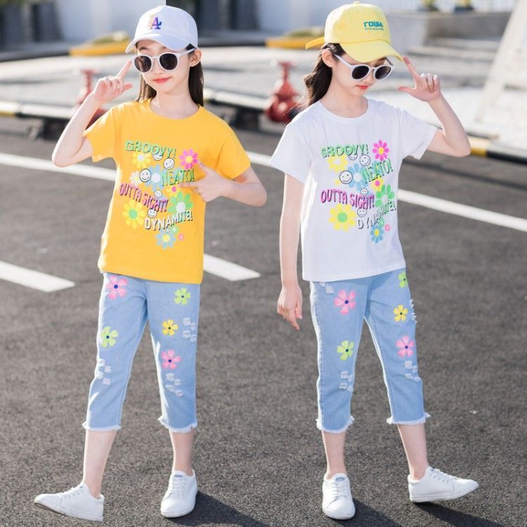 女童套裝夏裝薄款2023新款夏季兒童短袖七分褲中大童牛仔褲女孩潮