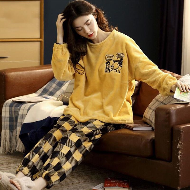 Coral velvet pajamas women's winter thickened Plush Korean version sweet and lovely autumn and winter flannel long sleeve home wear set