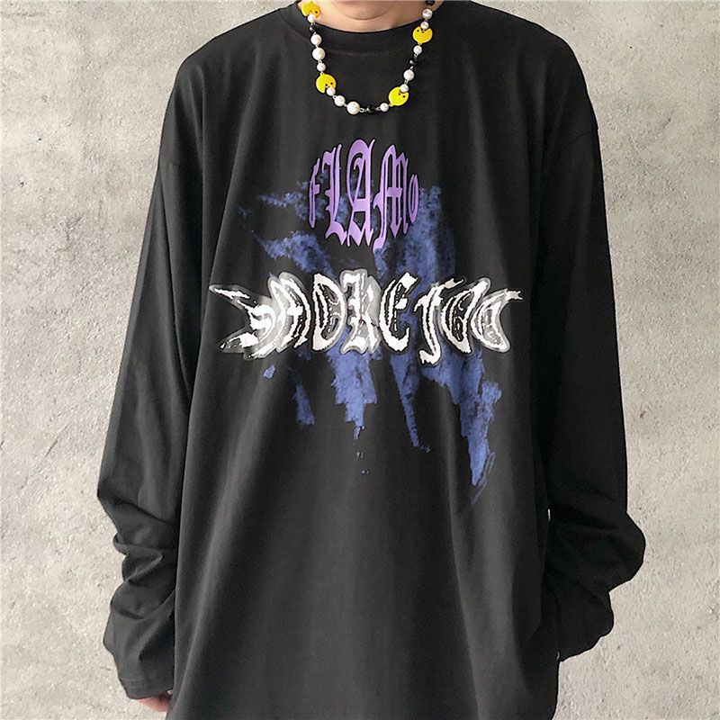 Early autumn jacket men's Korean version of ins trend gradient printing loose long-sleeved t-shirt wild black bottoming shirt men and women tide