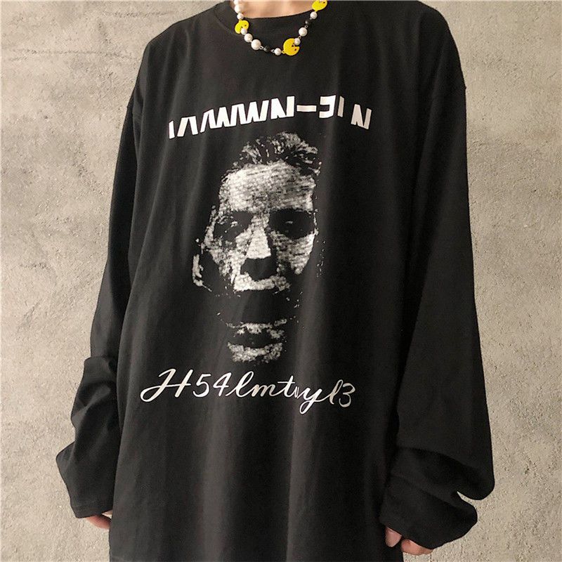 Early autumn jacket men's Korean version of ins trend gradient printing loose long-sleeved t-shirt wild black bottoming shirt men and women tide