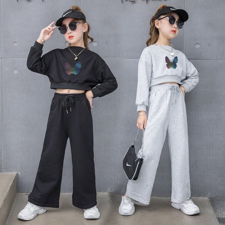 Cotton girl's new autumn suit: big boy's foreign style net red student's short fashionable long sleeve sweater and wide leg trousers