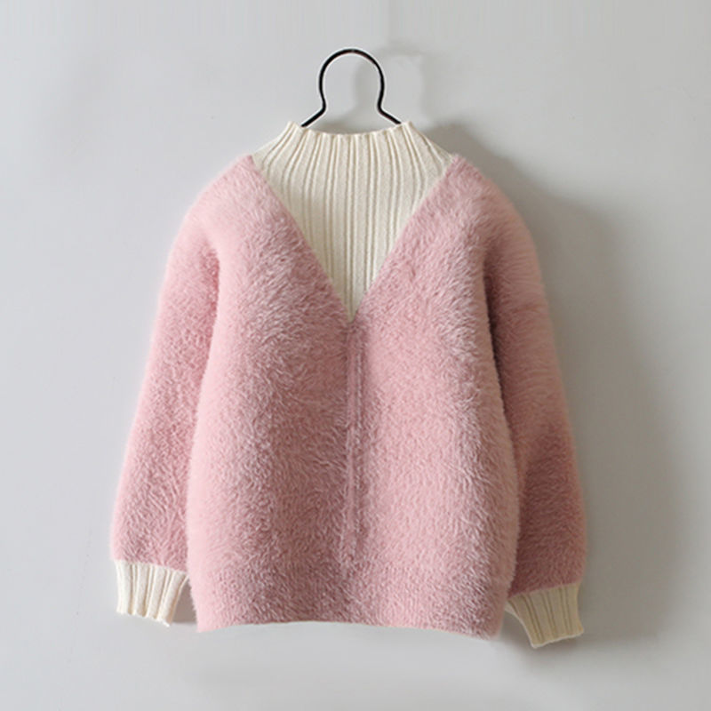 Girl's sweater foreign style autumn clothing new mink hair big children's girl baby knitted bottom sweater long sleeve high collar winter
