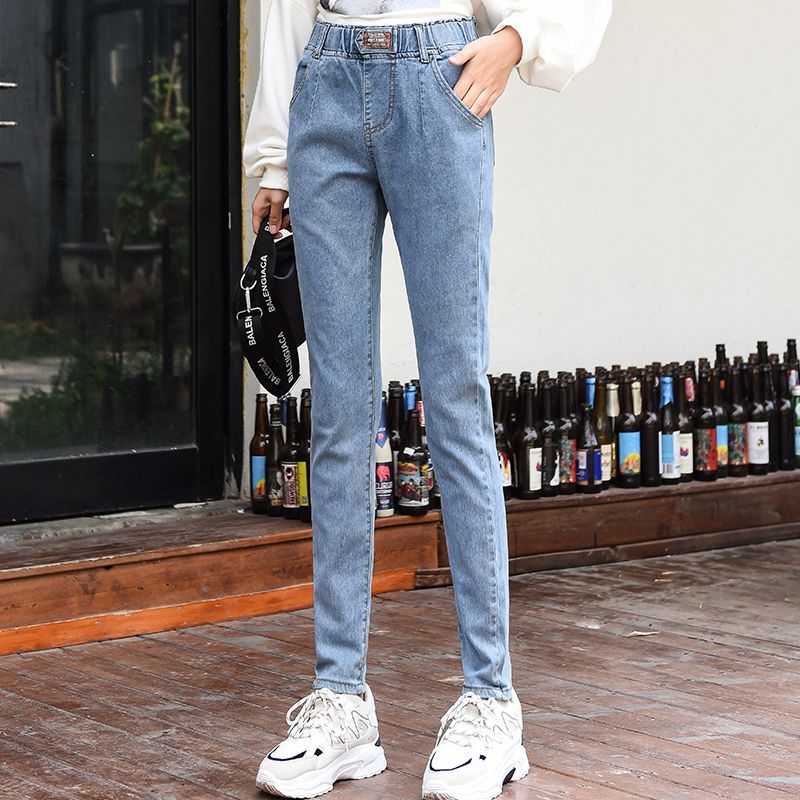 Harem jeans women's high waist elastic new loose Korean version slimming student carrot pants skinny pants trousers large size