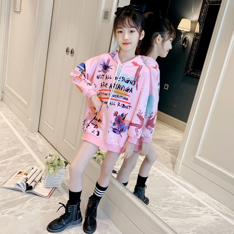 Cotton girl's sweater 2022 new foreign style children's hooded spring and autumn clothing cartoon girl net red top mid-length