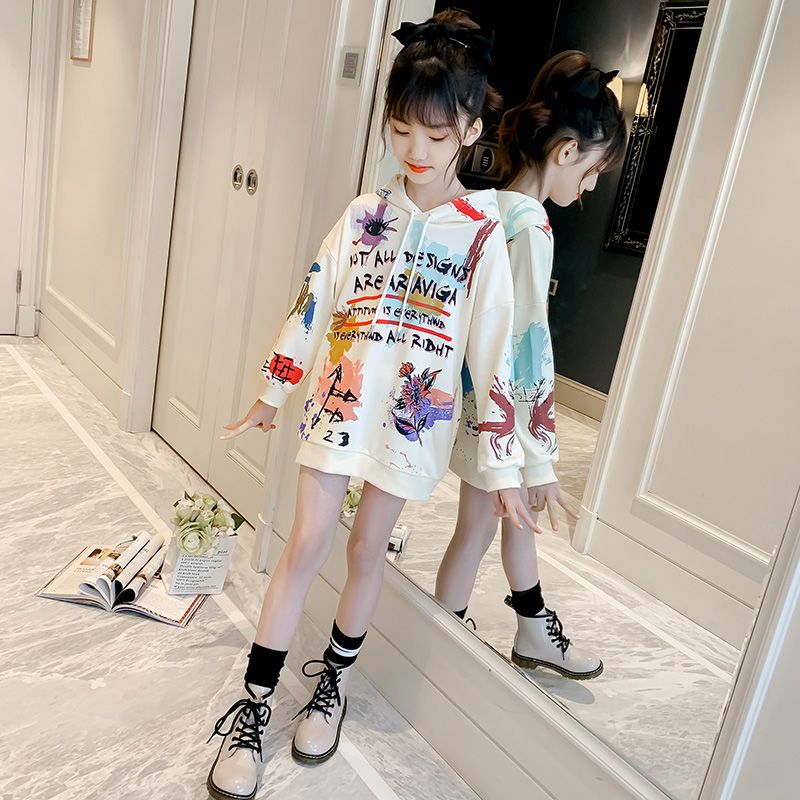Cotton girl's sweater 2022 new foreign style children's hooded spring and autumn clothing cartoon girl net red top mid-length