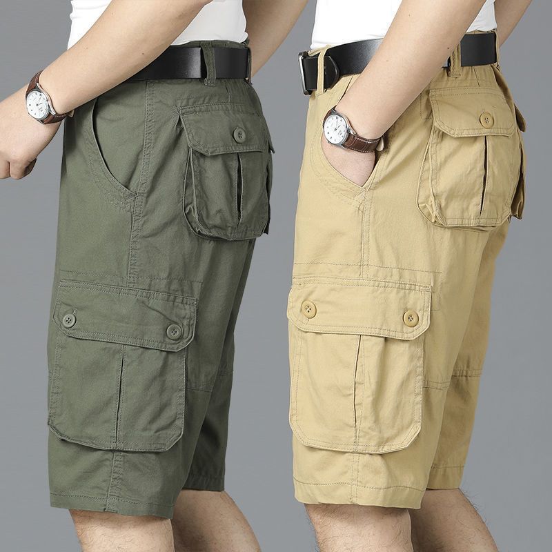 Cotton cropped pants men's shorts Multi Pocket military pants young and middle-aged large loose straight casual breeches