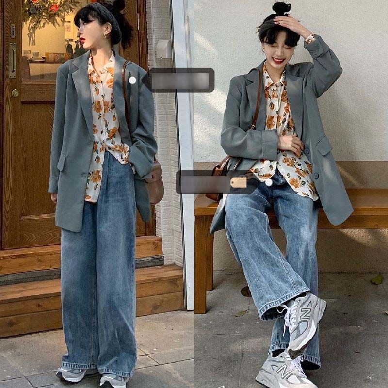 [three piece suit] loose and lazy suit + retro floral shirt + high waist jeans spring and autumn suit for female students