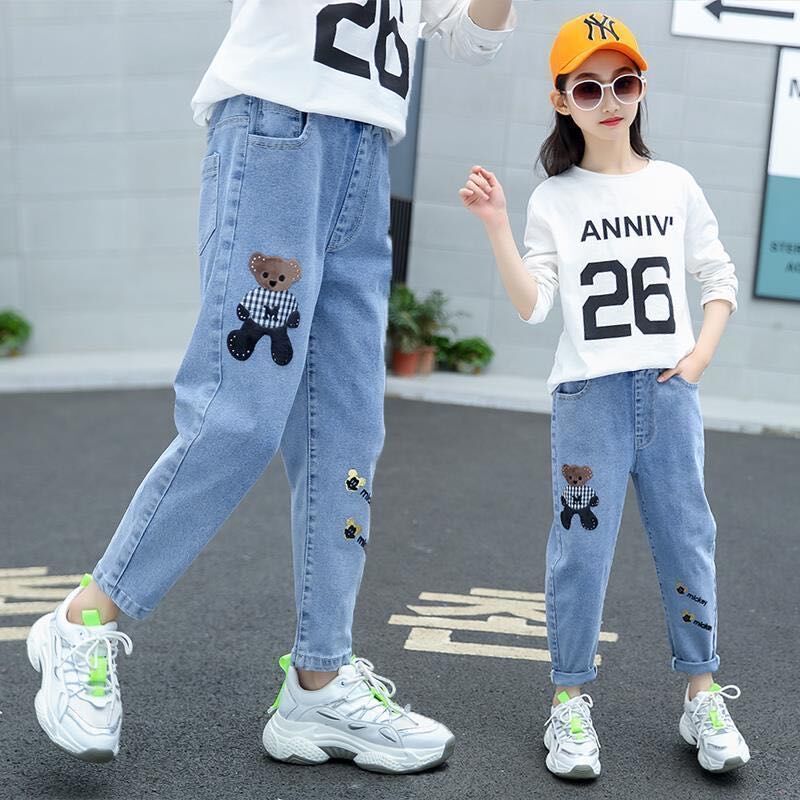 Girls' jeans autumn new style little girls' foreign style Korean loose pants middle and large children's versatile elastic casual pants