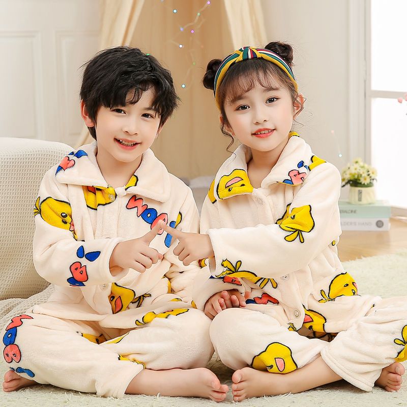 Children's pajamas flannel autumn and winter middle and large children's thickened boys and girls long sleeve baby coral fleece home wear set