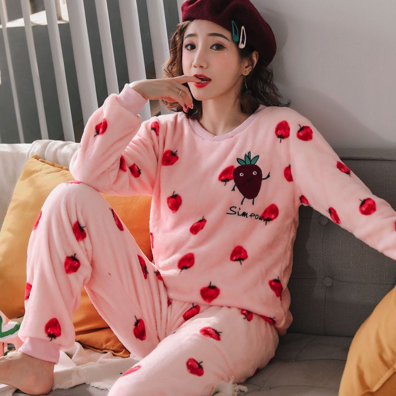 Autumn and winter flannel Korean cartoon pajamas women's long sleeve set lovely coral velvet sweet winter women's pajamas