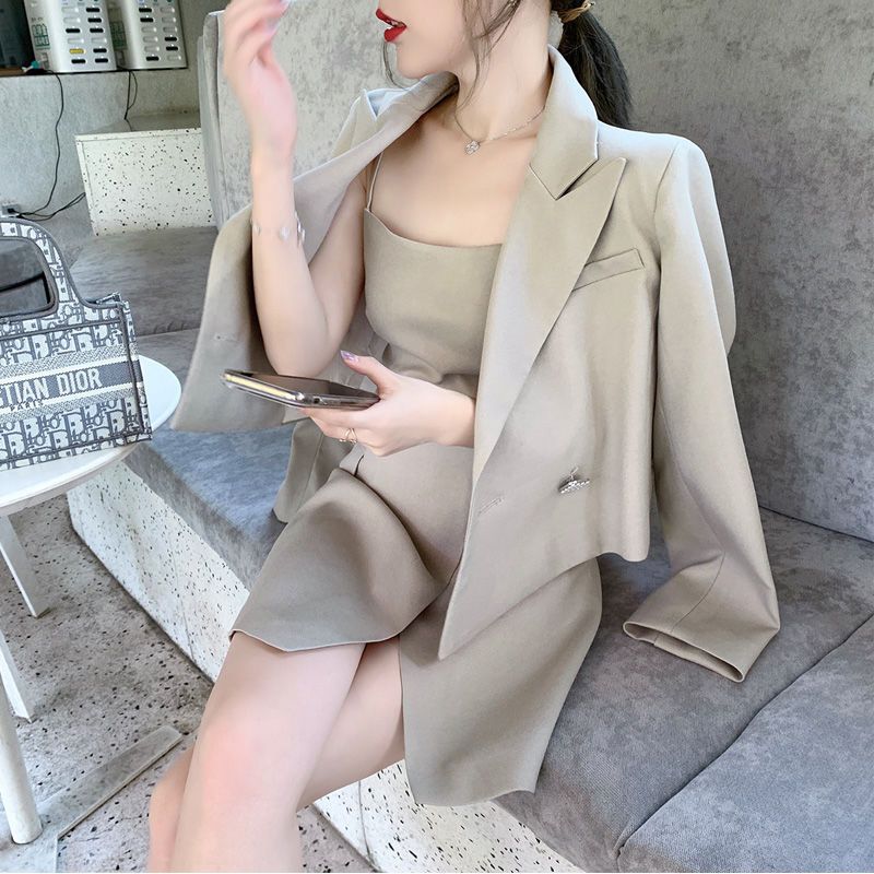 Autumn 2020 solid color short Blazer Jacket temperament suit women waist strap dress two piece set