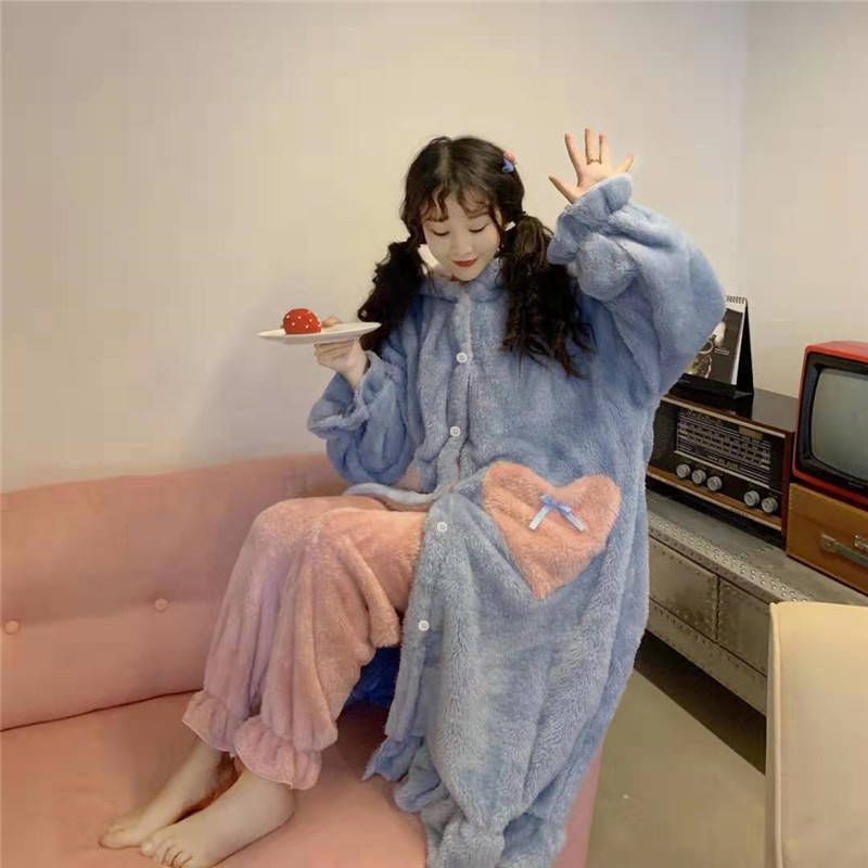 Autumn and winter Plush pajamas female suit students loose and lovely princess style coral velvet ins Nightgown nightdress home clothes