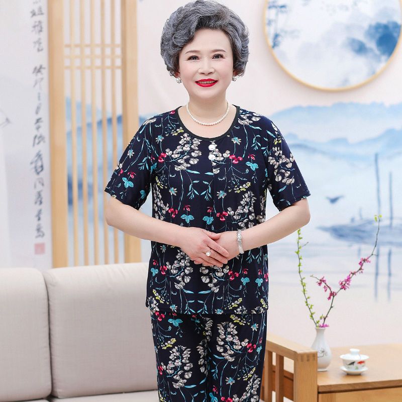 Grandma summer short-sleeved elastic two-piece suit middle-aged and elderly women's clothing mother elderly summer clothes casual women's suit