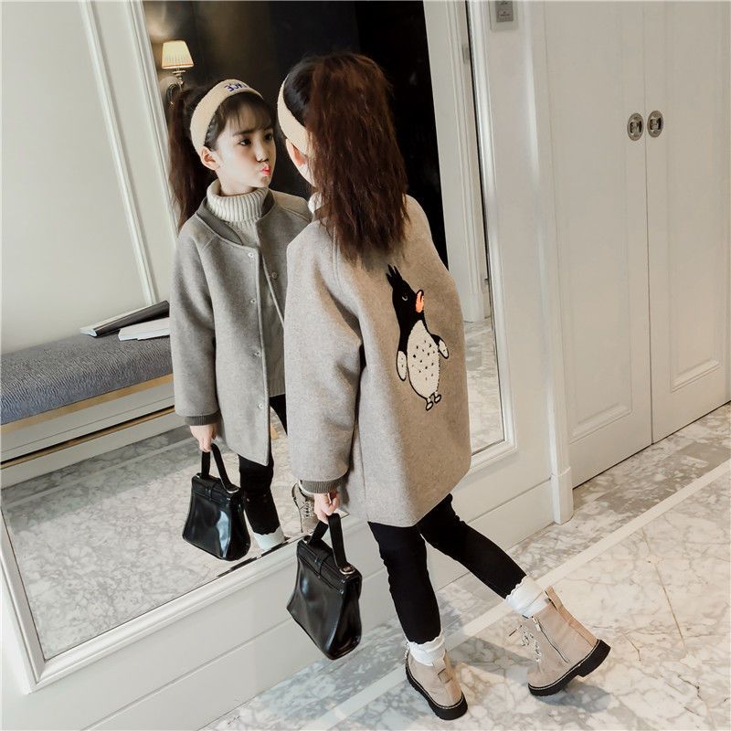 Girls' tweed coat new autumn and winter Korean children's wear medium length girl's thickened woollen coat