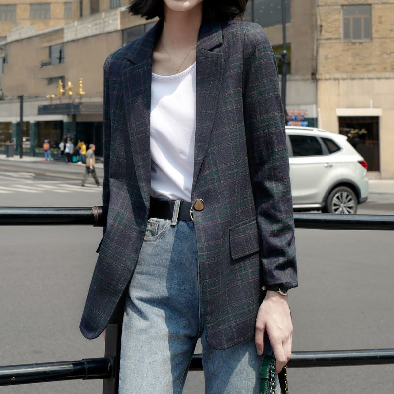 格子西裝外套女春秋2023新款英倫風復古韓版休閒寬鬆小西服中長款