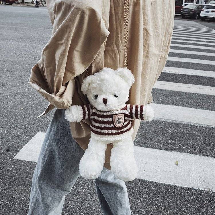 可爱少女毛绒小熊包玩偶包单肩包新款韩版学生女斜挎包链条包