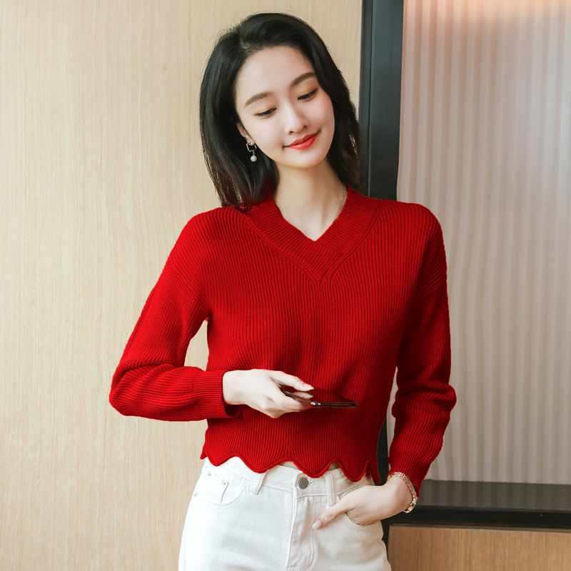 酒红色纯色花瓣v领毛衣女秋冬新款短款套头长袖波浪针织衫2020女