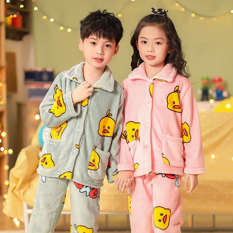 Children's autumn and winter pajamas long sleeve suit flannel girls boys boys middle aged children's baby thickened warm home clothes