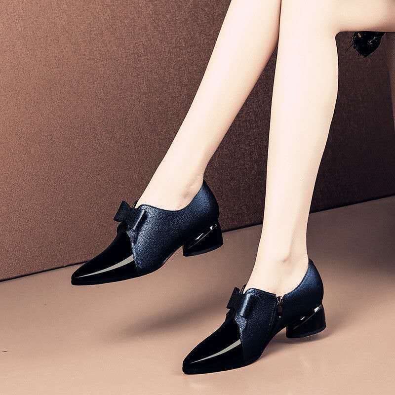 5cm deep mouth high heels women's spring and autumn new fashion bows versatile temperament pointed thick heel single shoes women