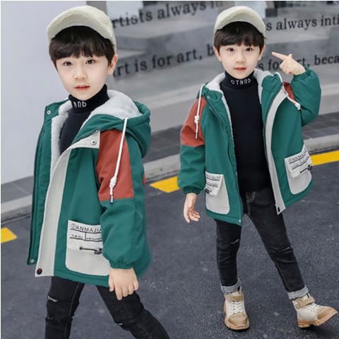 Boys' plush and thickened windbreaker 2020 new children's middle and large children's coat little boy handsome middle and long Korean fashion