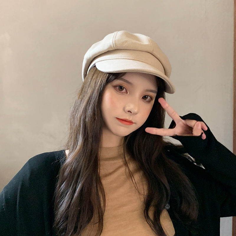 All-match face-showing small hat women's autumn and winter black PU leather beret women's belt British retro beret big head circumference