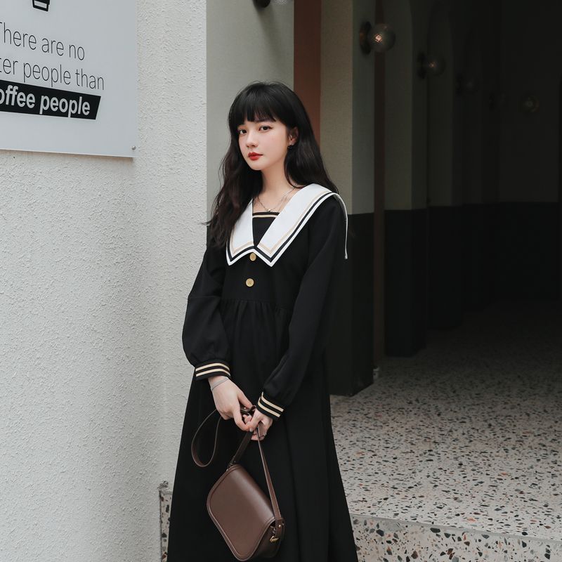 Navy collar black dress women's autumn 2020 new Korean version loose waist show thin Japanese academic dress