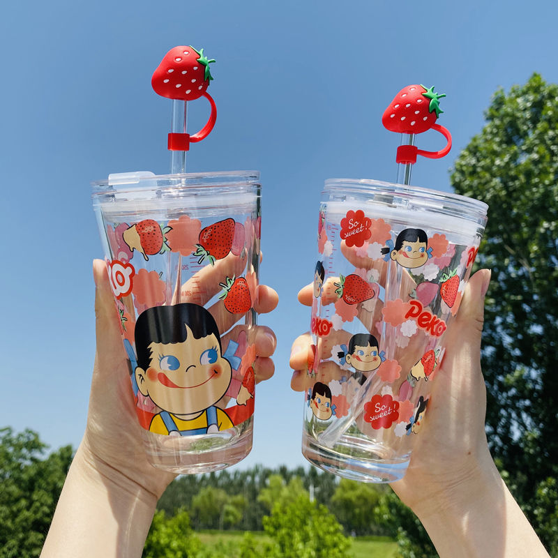 日系可爱草莓玻璃水杯少女心吸管杯小清新学生喝水杯子创意大容量