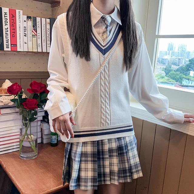 三件套裝/單件學院風溫柔一刀寬鬆長袖馬甲背心毛衣JK制服百褶裙