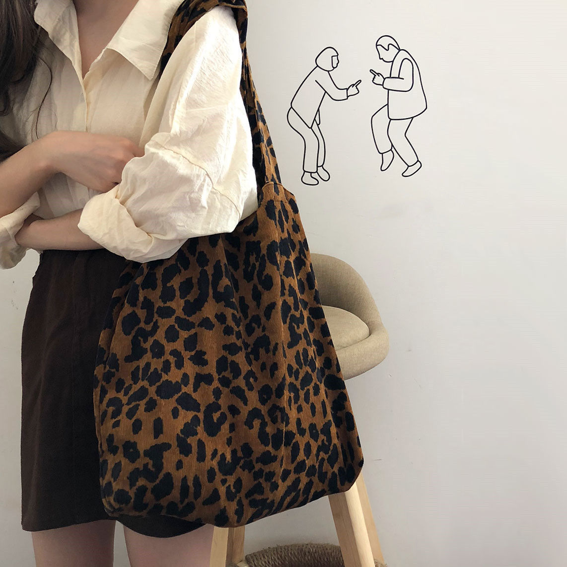 ins秋冬大熱豹紋韓系燈芯絨面呢單肩大容量帆布包購物袋女