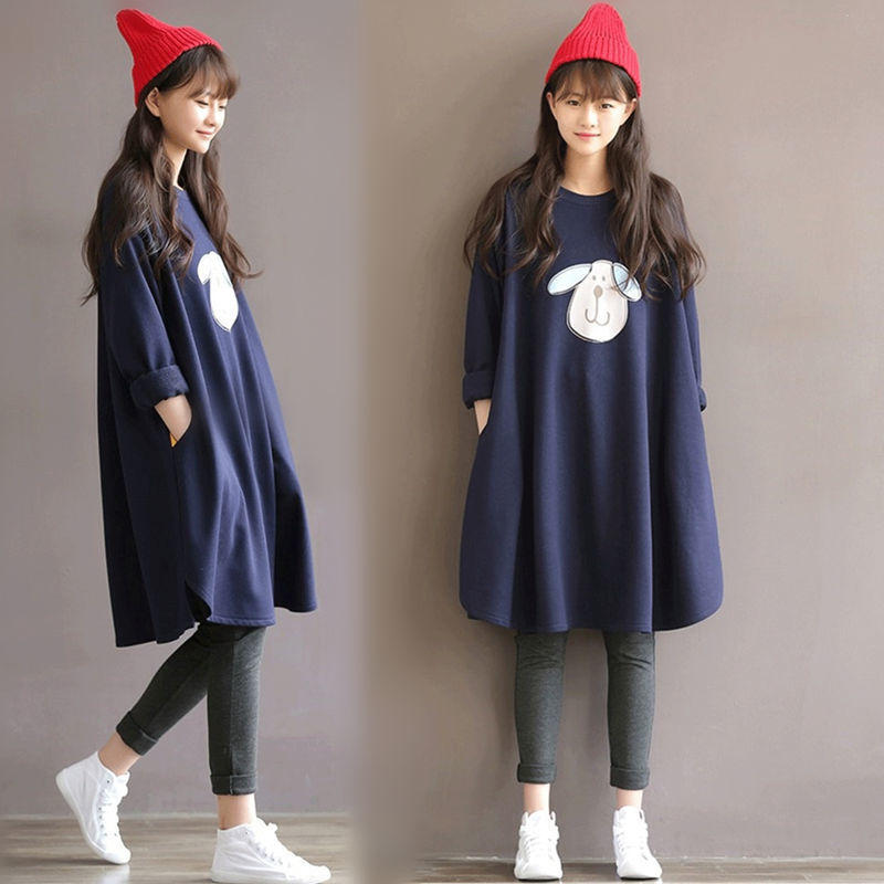 Oversized 300 catties pregnant women's dress  spring loose belly hidden meat slimming knee fat mm sweater dress