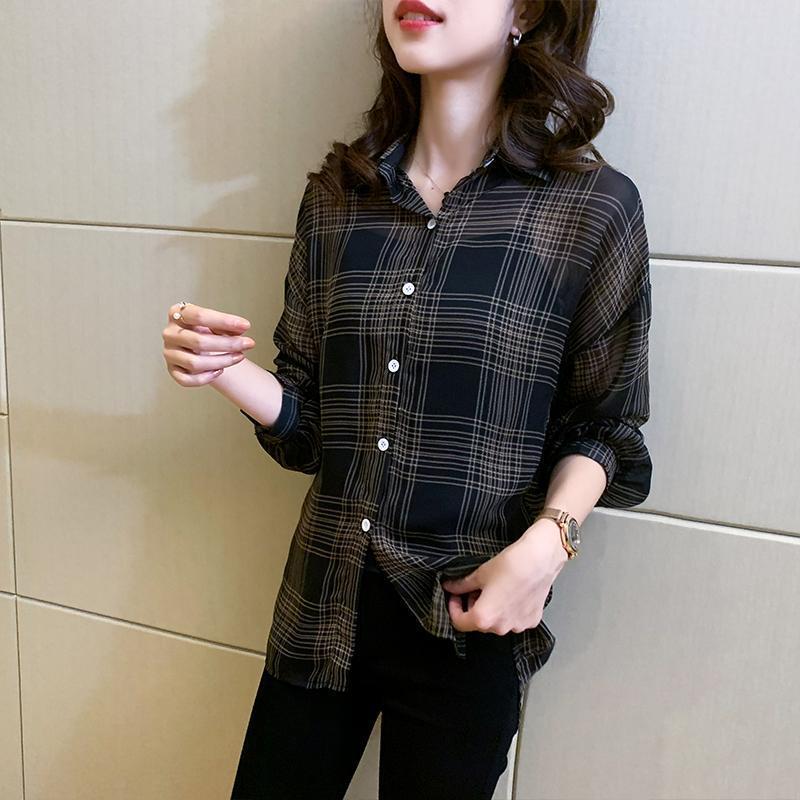格子襯衫女設計感小眾襯衣2023春季新款韓版復古港味長袖上衣雪紡