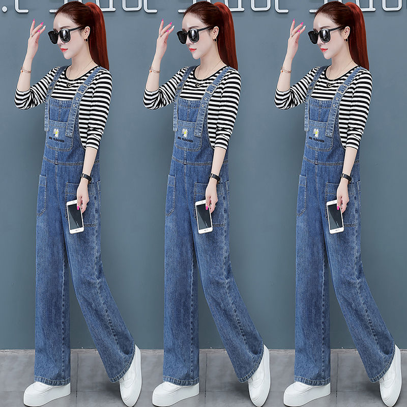 Denim overalls women's 2023 spring and autumn new Korean version of loose-fitting age-reducing western-style wide-leg jumpsuit trousers suit