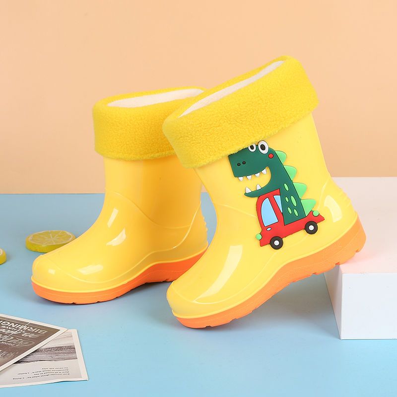 New children's rain boots cute dinosaur antiskid comfort kindergarten boys and girls Plush rain shoes