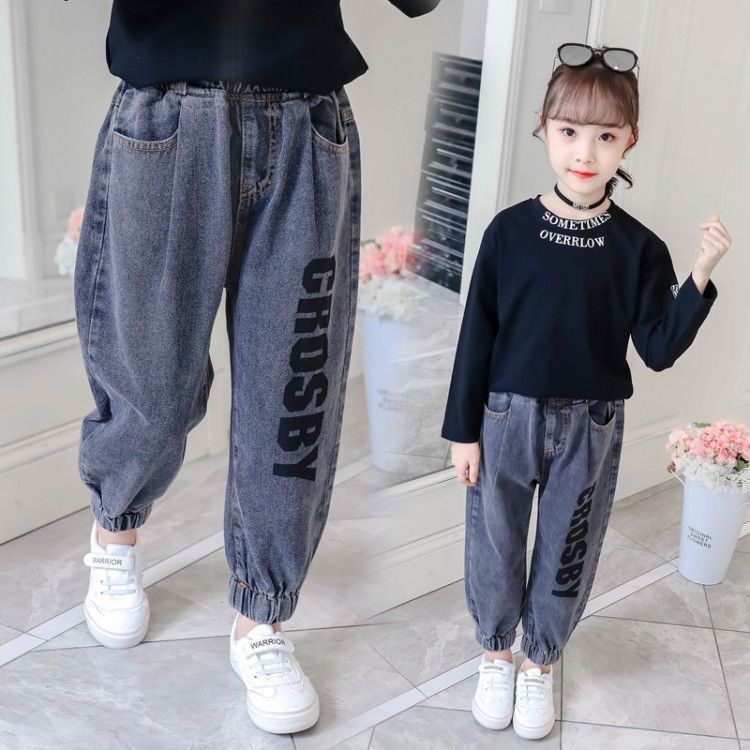 女童牛仔褲2020秋季新款中大童洋氣女孩長款寬鬆小腳褲子4-12歲潮