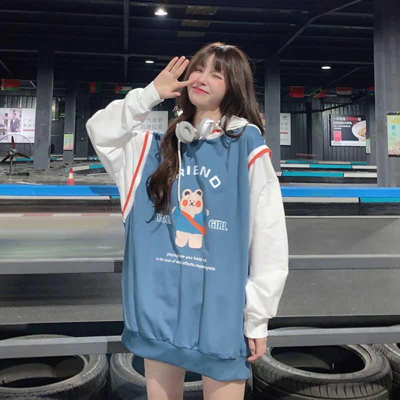 Fat mm extra large size 300 catties fleece sweater spring and autumn loose mid-length hooded fake two-piece jacket