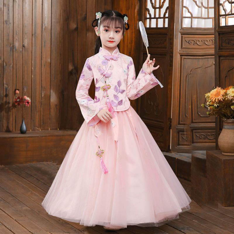 漢服女童秋裝長袖新款超仙古裝公主裙12歲兒童中國風唐裝禮服套裝